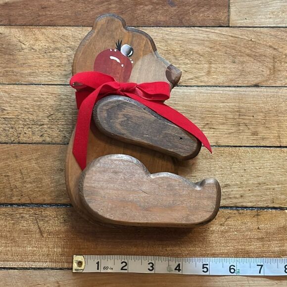 Vintage Hand Painted Wooden Jointed Sitting Teddy Bear with Red Bow- Shelf Decor - Picture 8 of 8